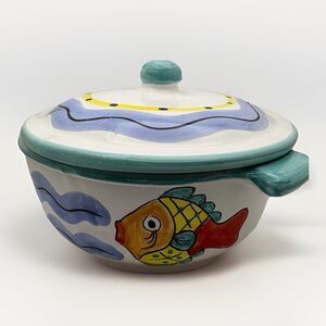 Vietri Solimene Campagna Pesce Fish Round Covered Casserole Dish 2.5Qt Italy